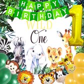 1e verjaardag versiering jungle met wild one achtergrond en ballonnen voor fotoshoot of cakesmash