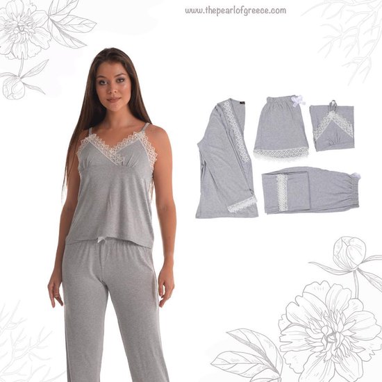 Dames Katoen Pyjama | 4-delige set | Katoen nachtkleding | Katoen nachthemd | Elegant Katoen Ochtendjas | Cadeau voor dames | Kleur: grijs | Maat: M