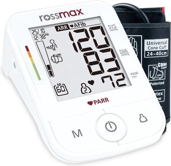 Rossmax X5 - Bloeddrukmeter Bovenarm Hartstichting - Klinisch Gevalideerd - Hartslagmeter - Onregelmatige Hartslag - AFib en PC Detectie - Geheugen - Gemiddelde Ochtend en Avond - Opbergetui - Manchet 22 - 40 cm - 2 Gebruikers en Gastmodus