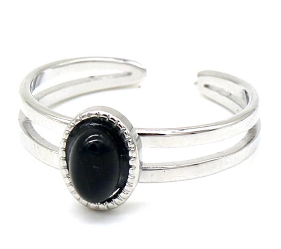 Ring - Zwarte Agaat - RVS - One Size - Zilverkleurig
