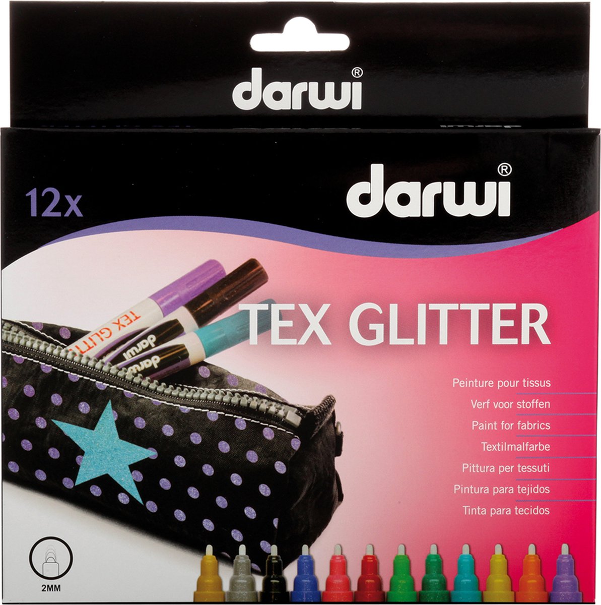 Darwi textielmarkers - 12x6ml - Glitter