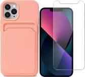 iPhone 12 Pro Max Hoesje Pasjeshouder Roze - Siliconen Case Back Cover + Screenprotector Glas