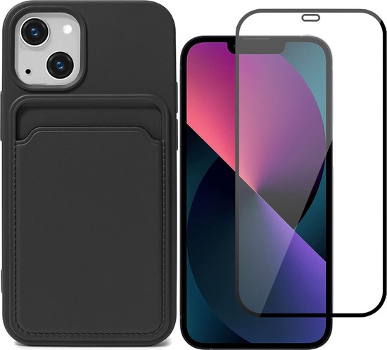 iPhone 13 Mini étui porte-cartes Noir - Étui en silicone Couverture arrière + Protecteur d'écran complet en verre Protecteur d'écran