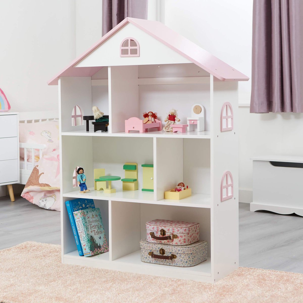Witte poppenhuis boekenkast met roze dak | bol.com