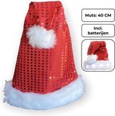 PD® - Glitter Kerstmuts met lampjes - Pailletten - Rood - 40 cm - incl. batterijen