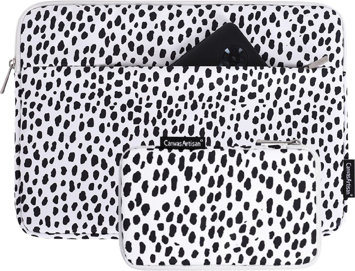 Laptop Sleeve 13 inch Zwart Wit Luipaard Panterprint Dots met voorvak + Accessoires Etui