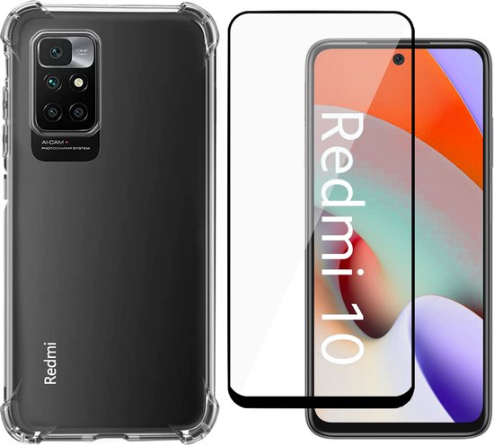 Etui transparent pour Xiaomi Redmi 10 - Protecteur d'écran en verre pour Xiaomi Redmi 10 - Etui antichoc en silicone pour Xiaomi Redmi 10 avec bord renforcé et protection d'écran complète