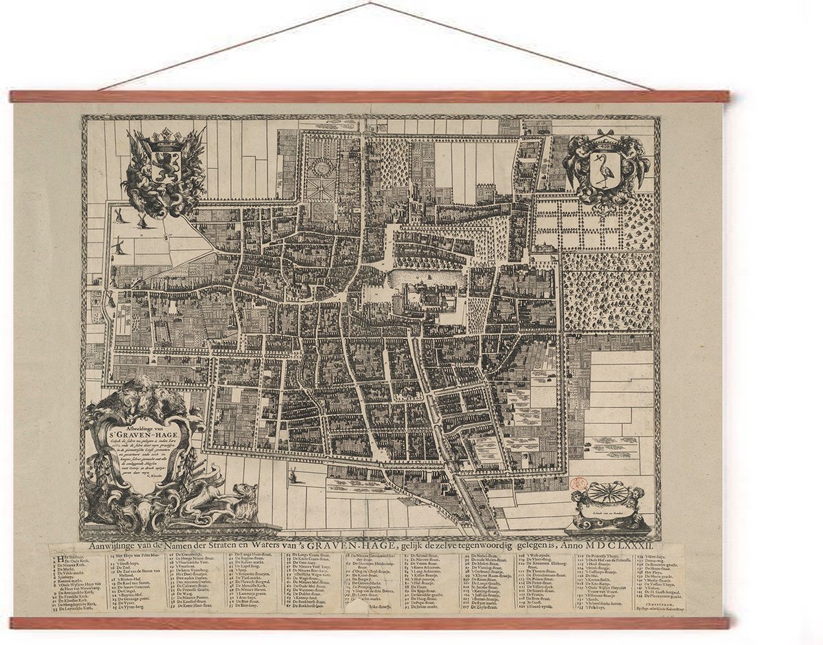 Esque Poster In Posterhanger - Historische Oude Kaart Den Haag - 50x70 cm - Kader Hout - Ophangsysteem - Plattegrond