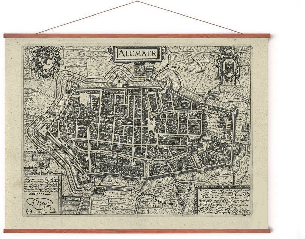Esque Poster In Posterhanger - Historische Oude Kaart Alkmaar - 50x70 cm - Kader Hout - Ophangsysteem - Vintage Plattegrond