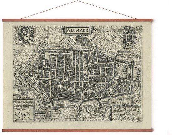 Poster In Posterhanger - Historische Oude Kaart Alkmaar - 50x70 cm - Kader Hout - Ophangsysteem - Vintage Plattegrond