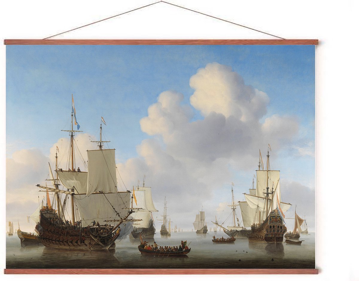 Esque Poster In Posterhanger - VOC Schepen - 50x70 cm - Hollandse Schepen op een kalme zee - Kader Hout - Ophangsysteem