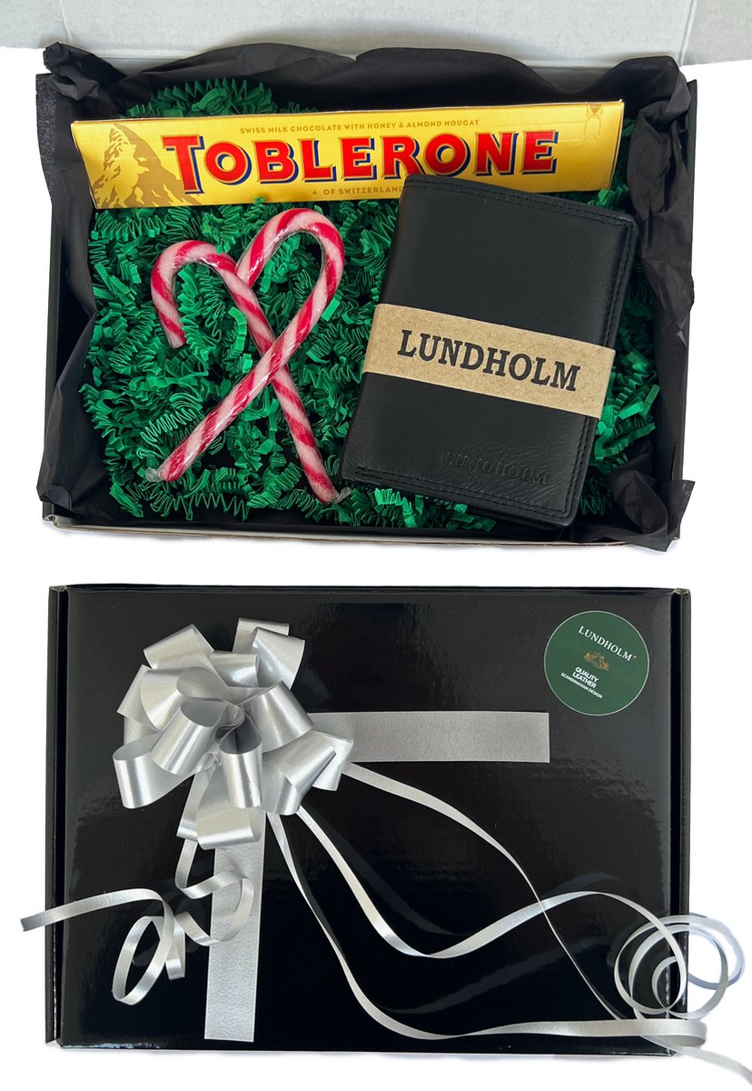 Lundholm cadeaupakket mannen heren cadeau set in geschenkverpakking - leren portemonnee heren RFID staand zwart - cadeau voor man - mannen cadeautjes