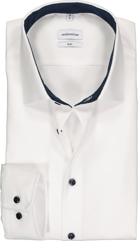 Seidensticker slim fit overhemd - wit (gestipt contrast) - Strijkvrij - Boordmaat: 41