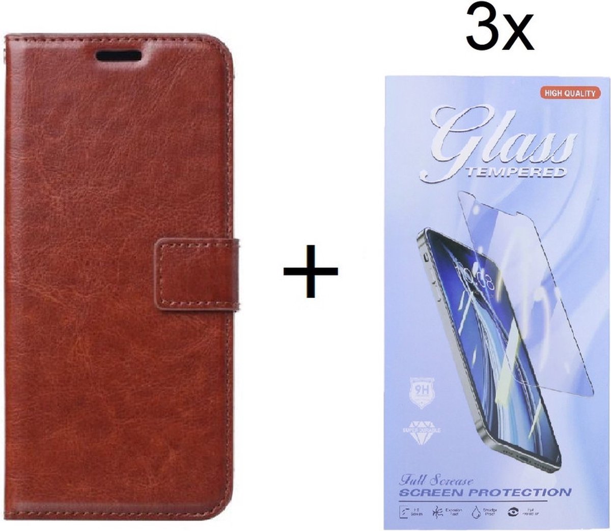 Bookcase Geschikt voor: Motorola Edge 20 - Bruin - portemonnee hoesje met 3 stuk Glas Screen protector