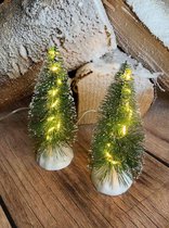 Miniatuur Kerstbomen - Met LED Verlichting - Miniatuurkerst - Kersthuisjes & Kerstdorpen - Warm Witte LED Verlichting - 2 Stuks