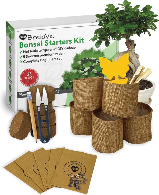 BrellaVio Bonsai Starters Kit - 23 Delige Kweekset - 5 Soorten Premium Zaden - DIY Pakket - Binnen Boompje Kweken - Incl. Rouwvliegjes Vanger