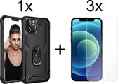 iPhone 13 Pro Max hoesje Armor Case Zwart Kickstand Ring shock proof magneet - 3x iPhone 13 Pro Max Screenprotector