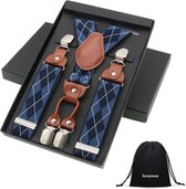 Luxe chique - heren bretels - blauw geruit - middenbruin leer - 4 stevige clips - bretels mannen - Sorprese - Cadeau