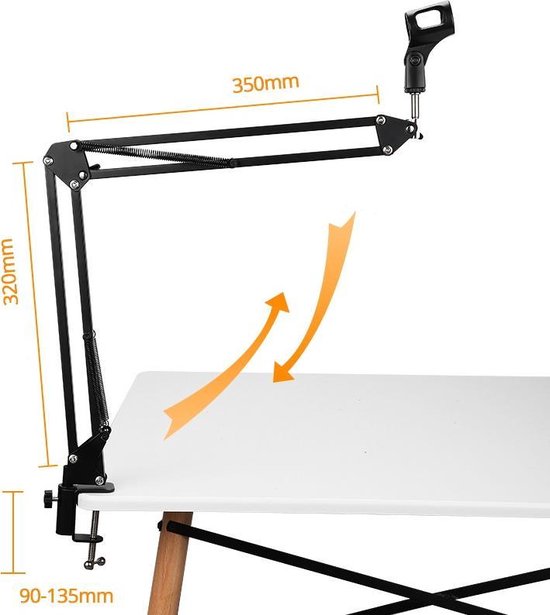 Zwarte metalen microfoonarm van 350 mm lang en 320 mm hoog, met klem voor bevestiging op een tafel van 90-135 mm dik.