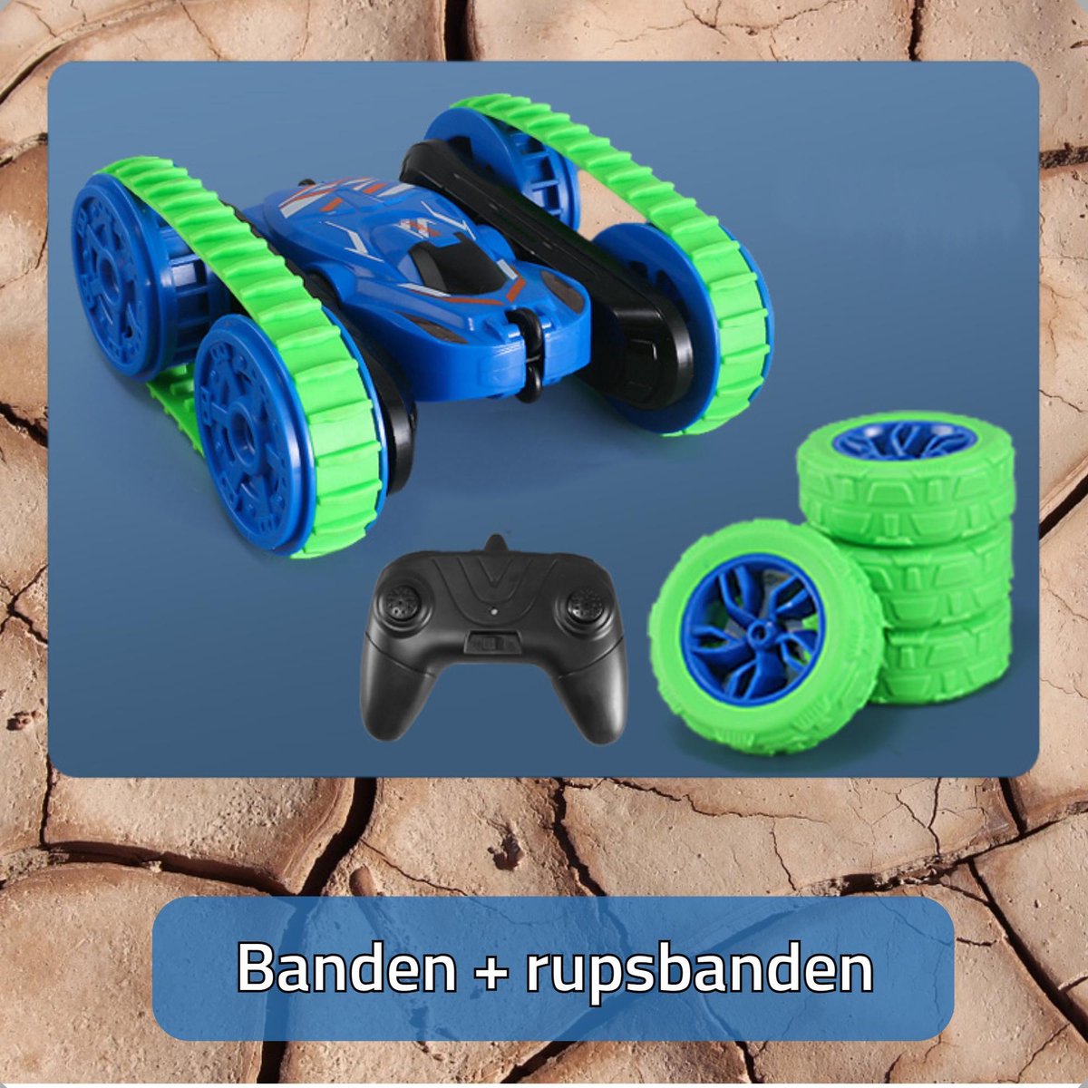 HyperWheels - Bestuurbare Auto voor Jongens - Speelgoed Stuntauto voor Binnen of Buiten - Blauw met Groen - incl. 2 accu's en Rupsbanden — afbeelding 4