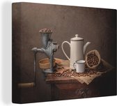 Canvas Schilderij Vele koffie bonen met draai apparaat - 80x60 cm - Wanddecoratie