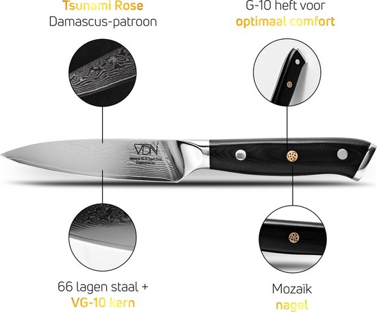 VDN Couteau éplucheur en acier damassé - Série Élégance - Damas japonais VG-10 - 67 couches d'acier