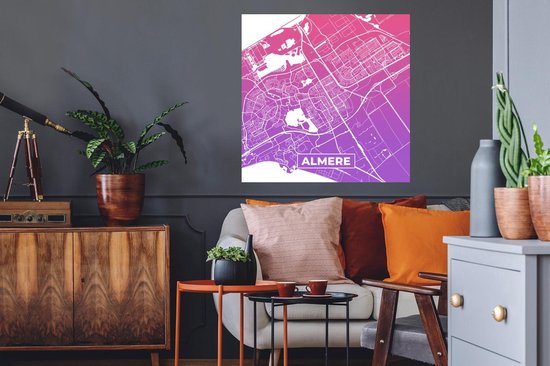 Stickers muraux - Plan de la ville - Almere - Violet - Rose - 50x50 cm - Feuille adhésive - Carte