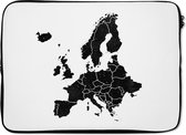 Laptophoes 14 inch - Europakaart in zwarte waterverf - zwart wit - Laptop sleeve - Binnenmaat 34x23,5 cm - Zwarte achterkant