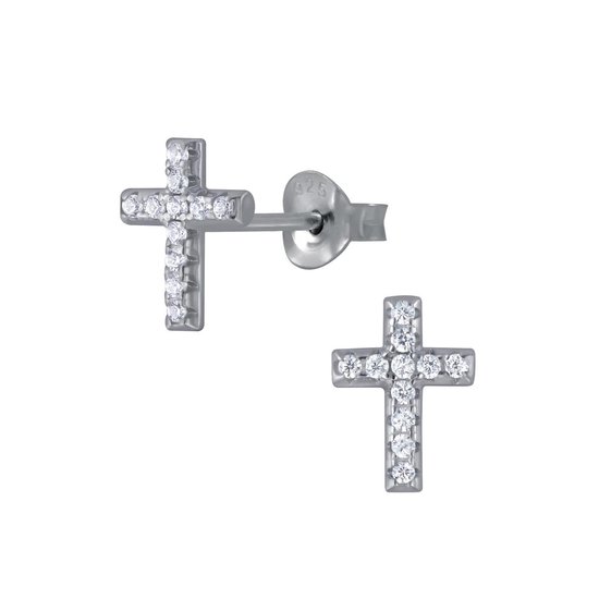 Joy|S - Zilveren kruis oorbellen - 6 x 9 mm - zirkonia - gehodineerd