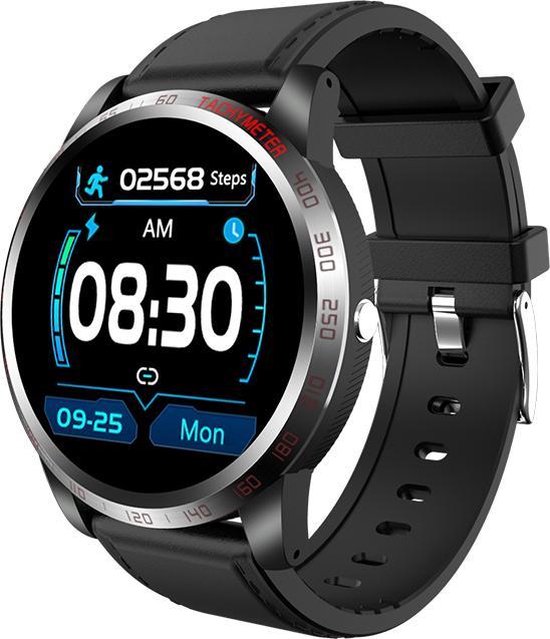 Belesy® Tachy - Smartwatch - Montre - 1,3 pouces - Écran couleur - Argent - Zwart - Cuir