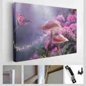 Fairytale bloeiende roze Rose Flower op mysterieuze natuur achtergrond en glanzende gloeiende maanstralen in de nacht - Modern Art Canvas - Horizontaal - 1838785489