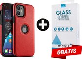 Backcase Lederen Hoesje iPhone 12 Rood - Gratis Screen Protector - Telefoonhoesje - Smartphonehoesje