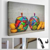 Fantastische heldere veelkleurige appels en bananen. Fantastisch decoratief fruit. Handstukwerk - is met de hand beschilderd - Modern Art Canvas - Horizontaal - 326744111