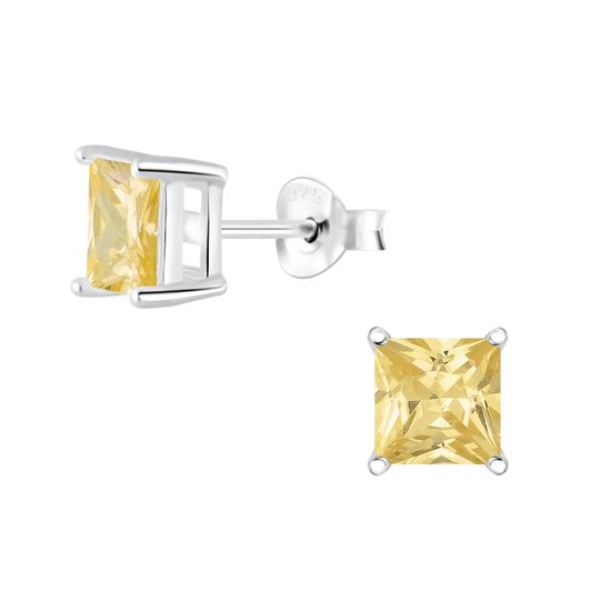 Joy|S - Zilveren vierkant oorbellen - 6 mm - zirkonia champagne geel