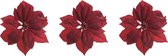 3x stuks decoratie bloemen kerstster rood glitter op clip 24 cm - Decoratiebloemen/kerstboomversiering/kerstversiering