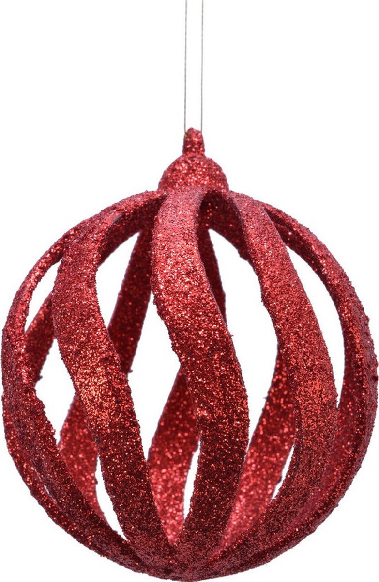 18x Open kerstballen rood met glitters 8 cm kunststof - Kerstboomversiering rood