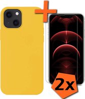 iPhone 13 Hoesje Siliconen Case Met 2x Screenprotector Met Dichte Notch - iPhone 13 Hoes Siliconen Cover Met 2x Beschermglas - Geel