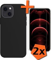 iPhone 13 Hoesje Siliconen Case Met 2x Screenprotector Met Dichte Notch - iPhone 13 Hoes Siliconen Cover Met 2x Beschermglas - Zwart
