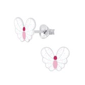 Joy|S - Zilveren vlinder oorbellen - 8 x 7 mm - glitter wit met roze