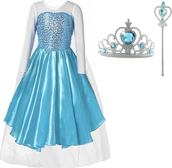 Prinsessenjurk meisje - Elsa jurk - Verkleedkleding meisje - Carnavalskleding - Het Betere Merk - Prinsessen Verkleedkleding - 140/146 (150) - Kroon - Toverstaf - Cadeau meisje - Prinsessen speelgoed - Verjaardag meisje