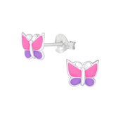 Joy|S - Zilveren vlinder oorbellen - 7 x 6  mm - roze paars