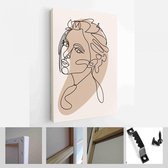 Een lijn vrouw portret en bladeren in hedendaagse abstracte stijl met kleurrijke vormen. Vector hand getekende illustratie - Modern Art Canvas - Verticaal - 1908571222