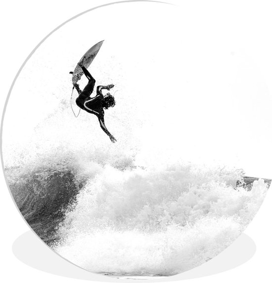 Wandcirkel - Kunststof - Surfer doet een trucje - zwart wit - ⌀ - Muurcirkel