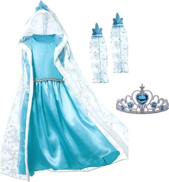 Robe Elsa Luxe taille 104/110 (110) - cape ample + manches - Frozen - couronne gratuite - robe de princesse - Déguisements enfant - robe Elsa - déguisement enfant