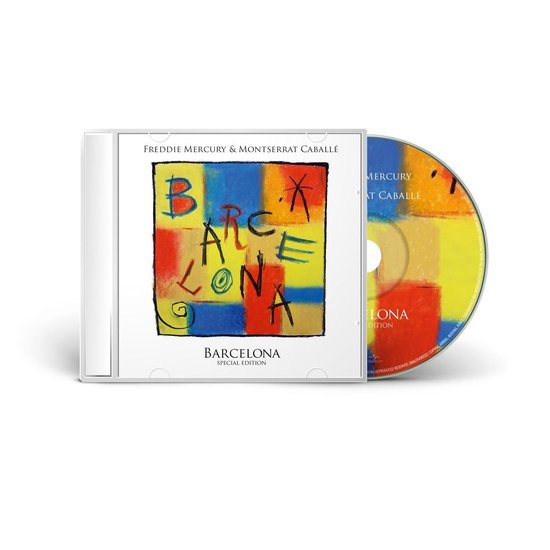 CD-hoes en CD van Freddie Mercury & Montserrat Caballé - Barcelona Special Edition met kleurrijk abstract ontwerp.