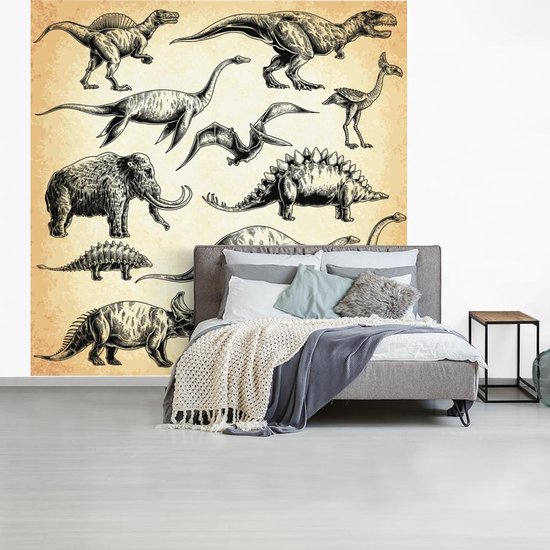 Behang - Fotobehang Dinosaurus - Vintage - Tekening - Kinderen - Jongens - Kids - Kindje - Breedte 300 cm x hoogte 300 cm