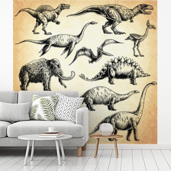 Behang - Fotobehang Dinosaurus - Vintage - Tekening - Kinderen - Jongens - Kids - Kindje - Breedte 300 cm x hoogte 300 cm