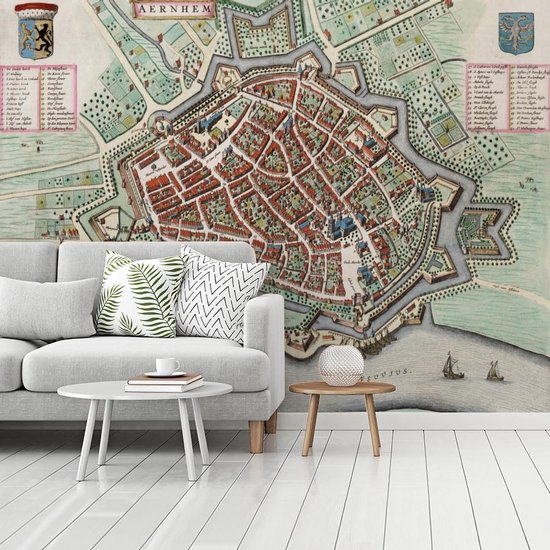 Papier peint photo vinyle - Plan coloré de la ville historique d'Arnhem en Gelderland - Plan d'étage largeur 400 cm x hauteur 300 cm - Tirage photo sur papier peint (disponible en 7 tailles)
