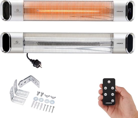 AREBOS Terrasverwarmer - 2000W - Infrarood Verwarming - met Afstandsbediening -Elektrische Kachel - 24-uurstimer - 9 verwarmingsniveaus - Zilver