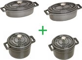 4x Home Division - Mini Cocotte - Stoofpannetje -Braadpan Gietijzer 2x Rond 12.5cm 2x Ovaal 14cm Grijs